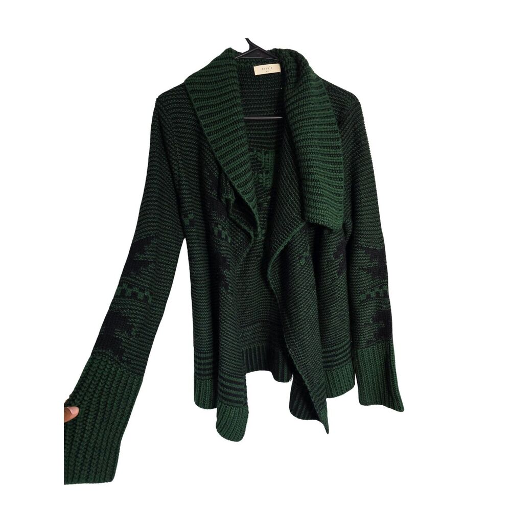 Elodie Open Front Cardigan Large Forest Green Fair Isle Chunky Knit Shawl L